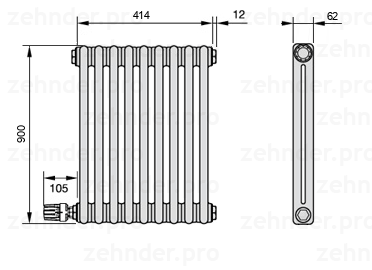 Схема (чертеж) Радиатор Zehnder Charleston 2090/9 №V003 Белый глянцевый RAL 9016